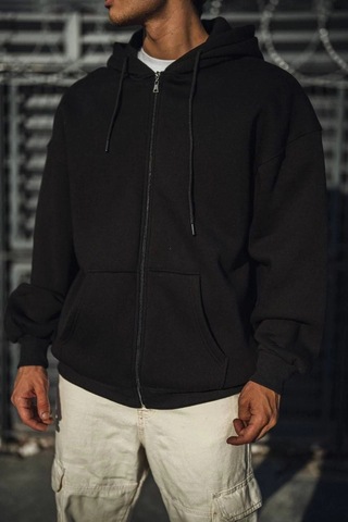 Barlashive Erkek Tam Fermuarlı Cepli Kapüşonlu 3 İplik Pamuklu Hoodie Sweatshirt - Siyah Çok Renkli