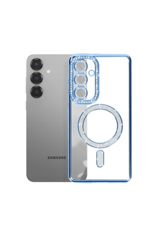 Samsung Galaxy S26 Uyumlu Kılıf Parlak Taşlı Simli M-safe Telefon Kılıfı Kapak Mavi