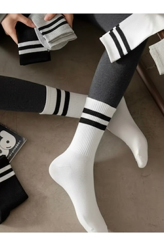 Unısex Uzun Tenis Kolej Çorap Çizgili Gri Beyaz Siyah Set Çok Renkli