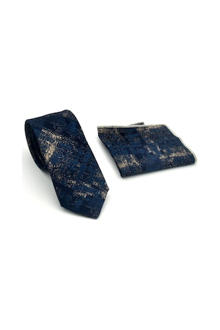 Gaffy Bej Desenli Petrol Mavi Dokuma Kumaş Mendilli Slim Fit Kravat // Sdk-2608-5 Mavi