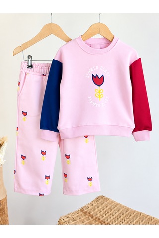 Elzo Collection Kız Çocuk Dokuma Gabardin Pantolon Lale Baskılı Sweatshirt Şardonsuz 3iplik Kumaş Alt Üst Takım Çok Renkli