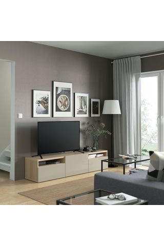 Tv Sehpası, Ağartılmış Meşe Görünümlü-parlak Cila-bej, 180x42x39 Cm, Selsvıken, Çıt Çıt Raylı Meşe