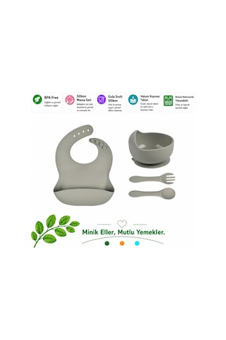 Çocuk Silikon Mama Önlüğü, Silikon Vakumlu Kase, Silikon Kaşık Ve Çatal / Gri