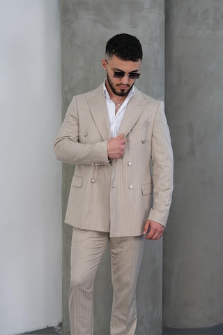 Dupont Classics Dupont Slim Fit Sivri Yaka 6 Drop Çift Yırtmaç Çizgili Viskon Kruvaze Erkek Takım Elbise Bej