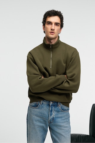 Grimelange Baxter Erkek Dik Yakalı Fermuarlı Relaxed Koyu Haki Sweatshirt Koyu Haki