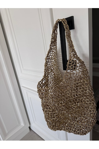 Handmade Çanta /el Örgüsü Omuz Çantası / Metalik Ip Parlak Simli Dore / Altın Renk File Çanta Altın