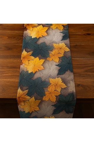 Bohem Sonbahar Desenli Duck Kumaş Masa Runner 40 140 Cm Yaprak Temalı Şık Sofra Aksesuarı Sarı