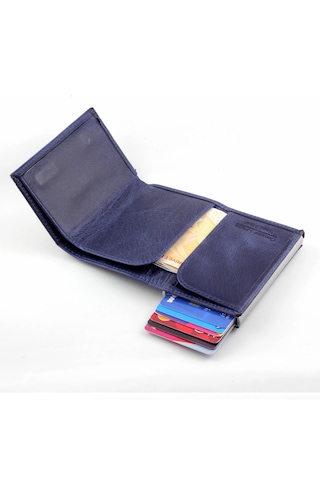 Ancora Leather Crazy Hakiki Deri Erkek Cüzdanı Mekanizmalı Laci Lacivert