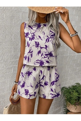 DefyModa Kadın Kolsuz Yuvarlak Yakalı Desenli Bluz Ve Şort Ikili Takım Mor