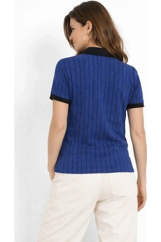 Valensdesign Polo Yaka Çizgili Tişört Kısa Kol Düğmeli Yazlık T-shirt - Saks Mavisi