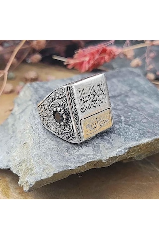 925 Ayar Gümüş Kelime-i Tevhid Ve Hasbiyallah Yazılı Kalem İşlemeli Erkek Yüzük Gümüş