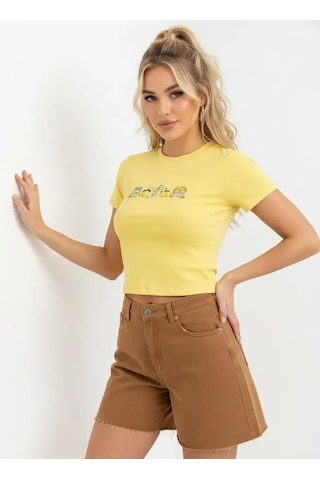 Park Karon 26025 Pamuk Desenli Crop Boy Bisiklet Yaka Örme Bluz Sari 40