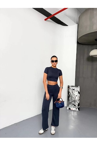 Mzpkartan Osy Modal Yumuşak Dokulu Kumaş Kısa Kollu Crop Alt İspanyol Paça Pantalon İkili Takım - Füme Füme