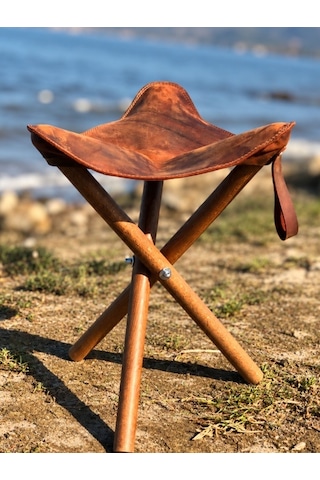 El Yapımı Hakiki Deri Tabure Ahşap Katlanır Kamp Taburesi Kafe Ve Ev Dekoru