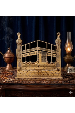 Allah & Muhammed S.a.v Kabe Kapısı Figürlü Özel Tasarım Gold Renkli Masa Üstü Biblo 25 Cm
