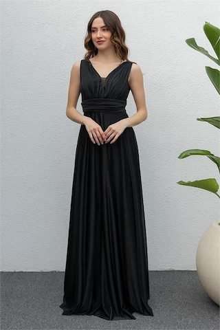 Neşeli Butik Kadın Siyah Drapeli Tül Abiye Elbise Nb2030 Siyah