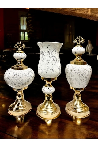 3'lü Dekoratif Prestij Dekoratif Vazo Set - Gold Beyaz Gold Beyaz