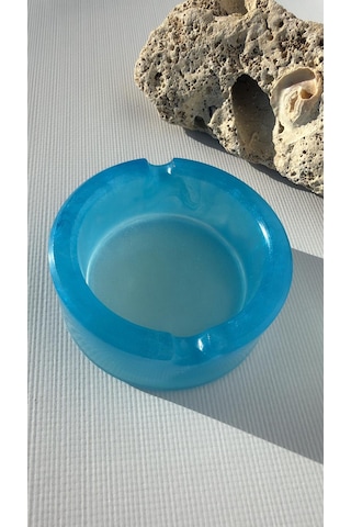 Parlak Mavi Sedefli Şeffaf Renkli Buğulu Yuvarlak Şekil Küllük Kül Tablası El Yapımı Epoksi Hediyelik