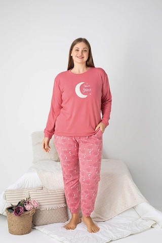 Kadın Bisiklet Yaka Düğmesiz Kışlık Termal Bilek Manşetli Jogger Uzun Kol Cepli Pijama Takımı GÜL KURUSU