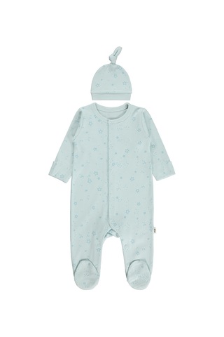 Civil Baby Mavi Jakarlı Şapkalı Patikli 1-9 Ay Tulum - Mavi Açık Mavi