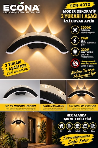 Modern Dekoratif 3 Yukarı 1 Aşağı Işık İzli Duvar Aplik - 3000k Günışığı 24w Ledli Dış/iç Mekan Aplik,ledli Lamba,led Lamba,duvar Aydınlatma