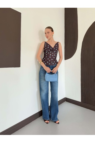 Verymoda Degaje Yaka Askılı Bluz Kahve Mavi