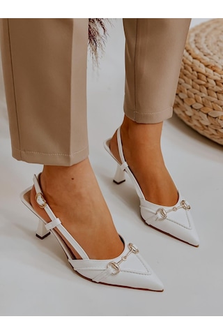 Ervanın Butiği Beyaz Deri Moss Toka Detay Kadın Stiletto-3537