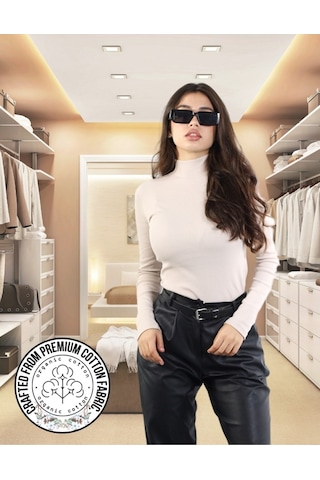 Alya Underwear Kaşkorse Yarım Boğaz Body Sweatshirt, Fitilli Kumaş, Likralı, Bordo Bej Kemik