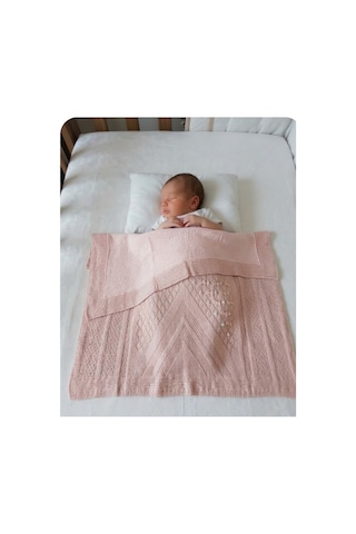 Ajurlu Pamuklu Örgü Bebek Battaniyesi -patik Hediyeli- Fiyonklu - İçi Wellsoft Tüylü - 80x100 CM Pembe - 856695291 Pembe