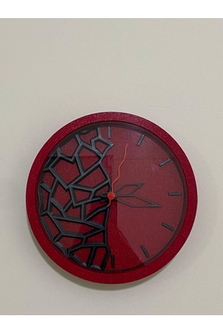 Modern Sanat Dokunuşuyla Parçalanan Zaman Duvar Saati Kırmızı Zemin Ve Kırmızı Kasa Siyah