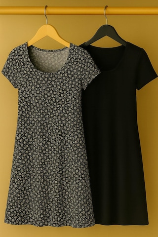 2 Adet Dökümlü Rahat Kalıp Günlük Penye Kumaş Elbise Siyah - Antrasit