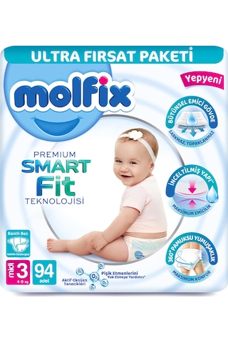 Molfix Premium Smart Fit Ultra Fırsat Paketi 3 Beden Midi 94 Adet
