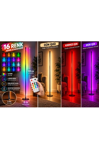 Rgb Led Lambader 120 Cm Kumandalı 16 Renkli Dekoratif Ayaklı Lamba, Parlaklık Ayarlı, Renk Geçişli Ortam Aydınlatması Siyah