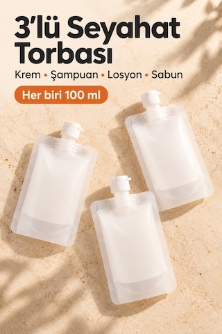Doldurulabilir Seyahat Torbası Şişe Seti Sızdırmaz Silikon Kozmetik Kabı 100ml 3'lü Beyaz