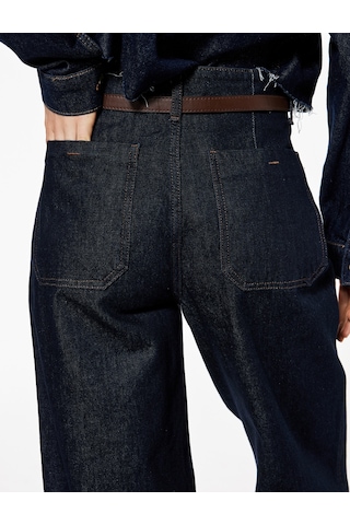 Koton Yüksek Bel Pamuklu Kemer Detaylı Cepli Kısa Geniş Paça Jean Pantolon - Wide Leg Jeans Koyu İndigo 6wal40212md
