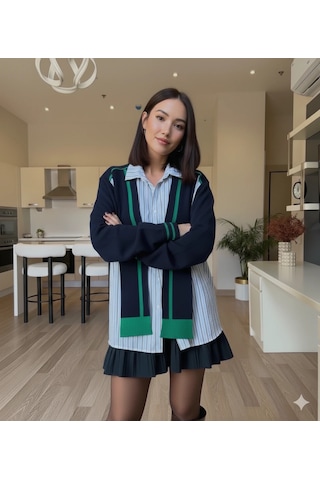 Cemo Spor Şık Bisiklet Yaka Katmanlı Gömlek Süveter Yelek Laci-yeşil-bebemavisi