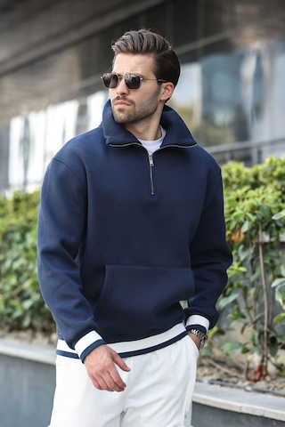 Madmext Lacivert Fermuarlı Dik Yaka Kanguru Cep Erkek Sweatshirt E7159 Lacivert