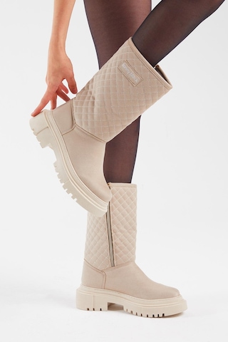 Kapitone Desenli Rahat Kalıp Uzun Kadın Bej Bot Tber205 Bej