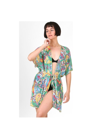 Pareo Plaj Elbisesi Kimono Std Yazlık Oversize Tül Gömlek Kemerli Elbise Şal Desen Yeşil