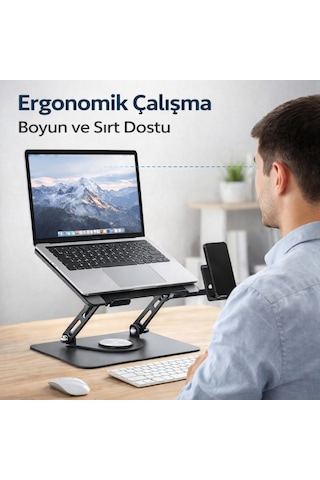 Polham 360 Dönebilen Full Metal Laptop Tablet Telefon Standı Katlanabilir, Kaydırmaz, Yükseklik Ve Açı Ayarlı Ergonomik Masaüstü Stand