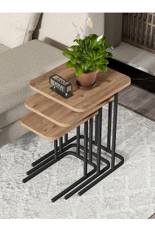 Zigon Sehpa Metal Ayak 3'lü Koltuk Yan Sehpa Zino Atlantik Çam Kahverengi