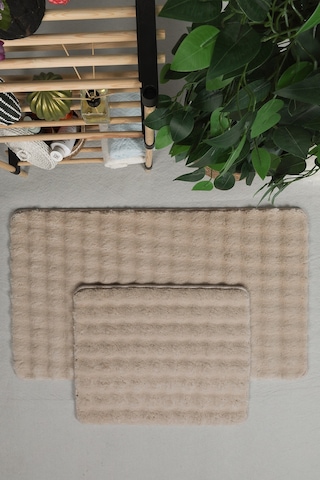 Modern Bubble Yıkanabilir Kaymaz Peluş Banyo Paspası Halısı 2'li Klozet Takımı 50x80-50x40cm Açık Bej