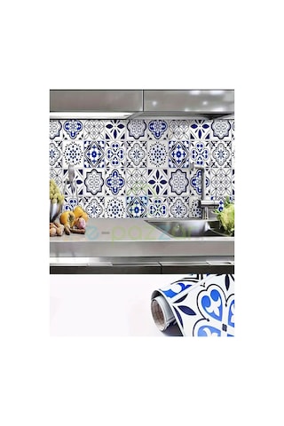 5 Metre X 60 Cm Retro Mavi Çini Desenli Mutfak Banyo Fayans Tezgah Masa Dekorasyon Yapışkanlı Folyo