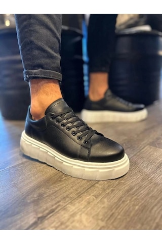 Mevese Ares Bağcıklı Cilt Erkek Günlük Sneaker Yüksek Taban Ayakkabı - Siyah Beyaz