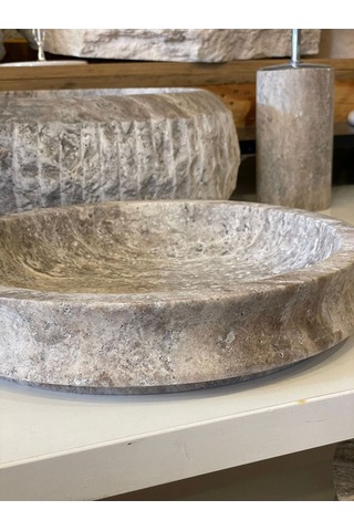 Yeni Silver Gümüş Traverten 9'lu Lavabo Ve Kaseli Banyo Takımı Beyaz