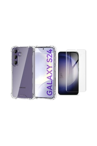 Samsung Galaxy S24 Uyumlu Köşe Dolgulu Anti Shock Telefon Kılıfı Ve Kırılmaz Cam Ekran Koruyucu