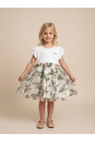 Zekids Kız Çocuk Çiçek Desenli Elbise-17233 BEYAZ