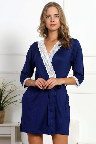 Vienetta Kadın Indigo Dantelli 7/8 Kol Polyester Sabahlık 4209