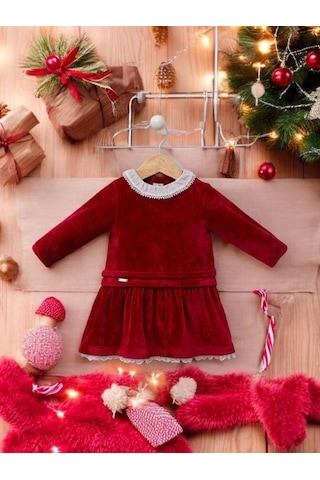 Cantoy Kız Bebek Kırmızı Kadife Tasarım Elbise-15216 Kırmızı