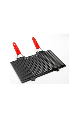 Lava Döküm Dikdörtgen Mangal Izgarası Ölçü 40x25cm. Silikon Paslanmaz Çift Tel Saplı Siyah